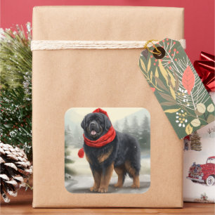Adesivo Quadrado Cão Mastim Tibetano na Neve Natal