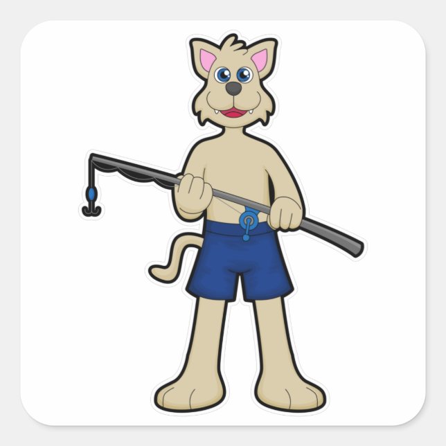 Adesivo Quadrado Cão na pesca com vara de pesca e peixe (Frente)