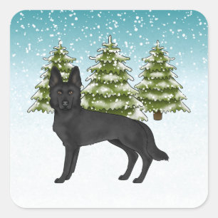 Adesivo Quadrado Cão Pastor Alemão Preto Floresta de Inverno Verde