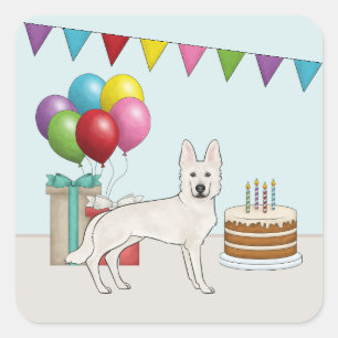 Adesivo Quadrado Cão Pastor Alemão Suíço Branco Aniversário Colorid