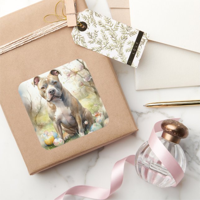 Adesivo Quadrado Cão Pitbull com Feriado de Ovos de Páscoa (Presentear)