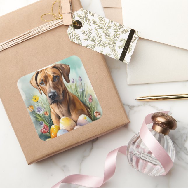 Adesivo Quadrado Cão Ridgeback da Rodésia com Feriado de Ovos de Pá (Presentear)
