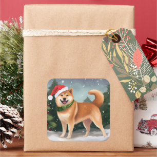 Adesivo Quadrado Cão Shiba Inu no Natal da Neve