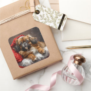 Adesivo Quadrado Cão Spaniel Tibetano Natal Festivo