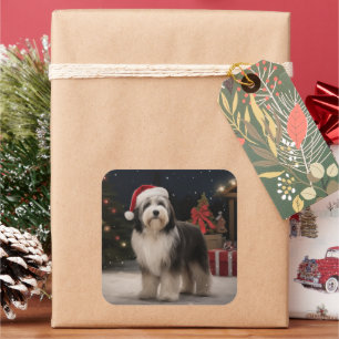 Adesivo Quadrado Cão Terrier Tibetano na neve Natal