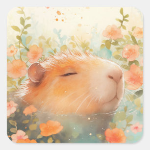 Adesivo Quadrado Capivara Flutuando Entre Flores Silvestres