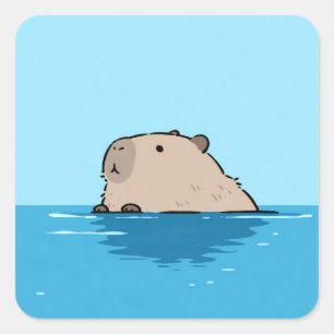 Adesivo Quadrado Capivara Minimalista de Natação em Água Azul