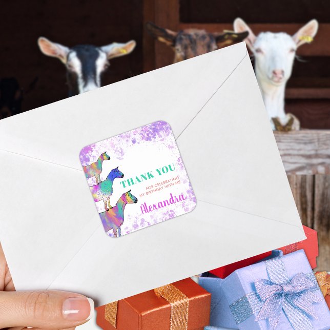 Adesivo Quadrado Caprinos Fazenda Bonita Festa de aniversário Anima (Cute goats colorful animal art birthday party thank you custom sticker)