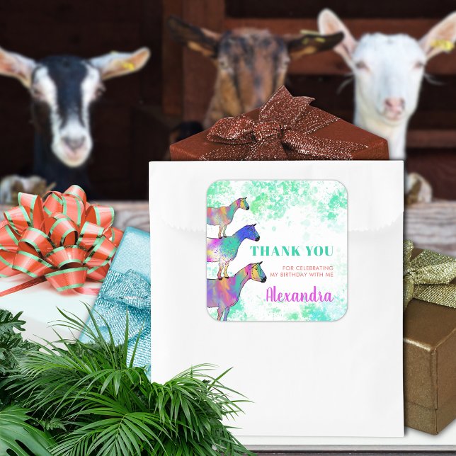 Adesivo Quadrado Caprinos Fazenda Festa de aniversário Animal Obrig (Cute goats farm animal watercolor custom birthday party thank you favor sticker colorful animal art)
