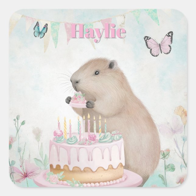 Adesivo Quadrado Capybara Cakefest Kids Party Sticker - Personaliza (Frente)