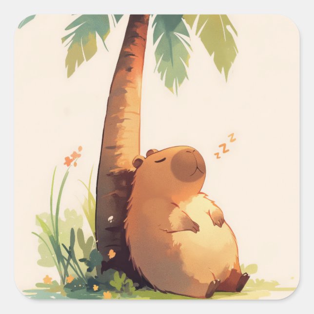 Adesivo Quadrado Capybara Napping Sob Palm Tree (Frente)