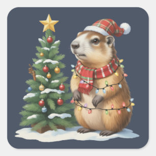 Adesivo Quadrado Capybara Natal Cappy Amante de Animais Xmas