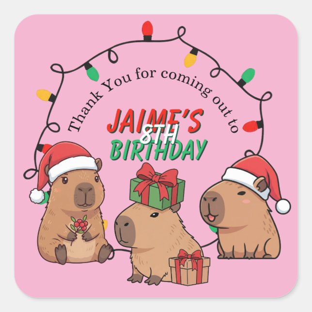 Adesivo Quadrado Capybara Pink Christmas Holiday Birthday (Frente)
