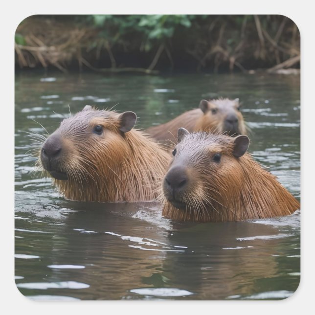 Adesivo Quadrado Capybaras' Swimming In The River,  (Frente)