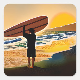 Adesivo Quadrado Cara na praia com Conselho Surf no Sunset