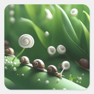 Adesivo Quadrado Caracóis alinhados em plantas verdes