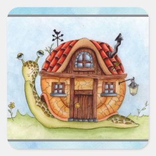 Adesivo Quadrado Caracol Com Casa Na Classe De Pintura Por Aquarela