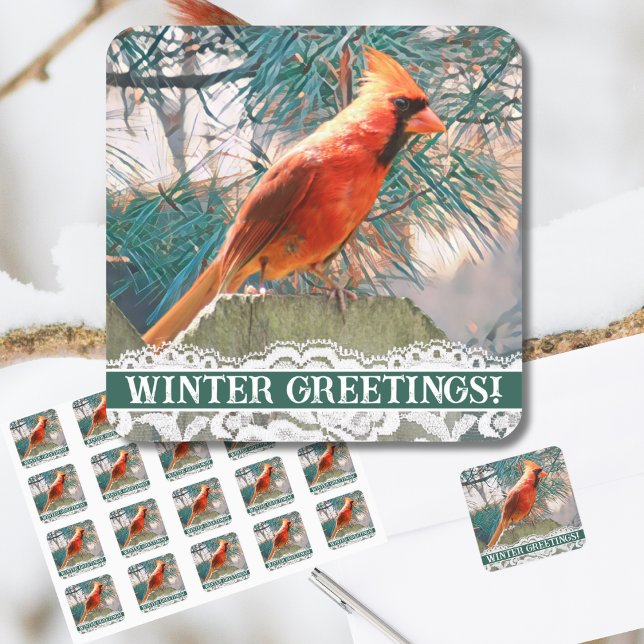 Adesivo Quadrado Cardeal em frente ao selo de inverno da árvore de  (A northern cardinal sits before a pine on this winter-themed envelope seal for holiday greetings.)