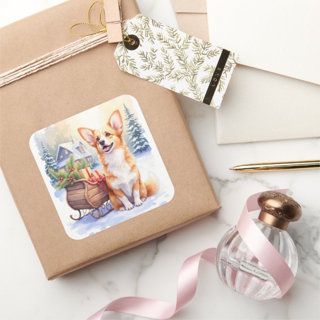 Adesivo Quadrado Cardigan Welsh Corgi Festive Sleigh Christmas Art (Presentear)