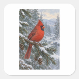 Adesivo Quadrado Cardinal Vermelho em uma Paisagem Florestal Nevada