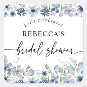 Adesivo Quadrado Carimbo de Envelope Chá de panela Floral Azul Boho