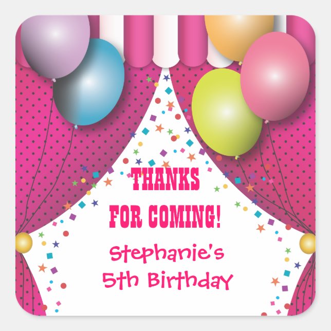 Adesivo Quadrado Carnaval de circo Aniversário Obrigado Sticker (Frente)