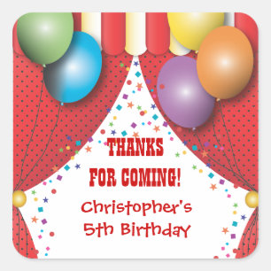 Adesivo Quadrado Carnaval de circo Aniversário Obrigado Sticker