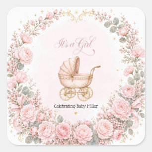 Adesivo Quadrado Carrinho Rosa É uma Menina Chás de Bebê Personaliz
