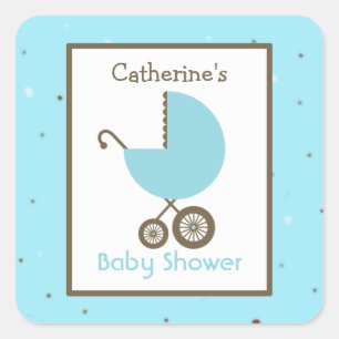 Adesivo Quadrado Carruagem azul do chá de fraldas & ovo do pisco d