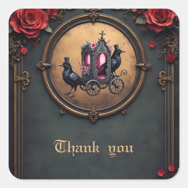 Adesivo Quadrado Carruagem gótica com Ravens e Rosas. (Frente)