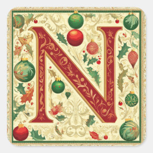 Adesivo Quadrado Carta de Natal N: Vermelho, Verde, Dourado Festivo