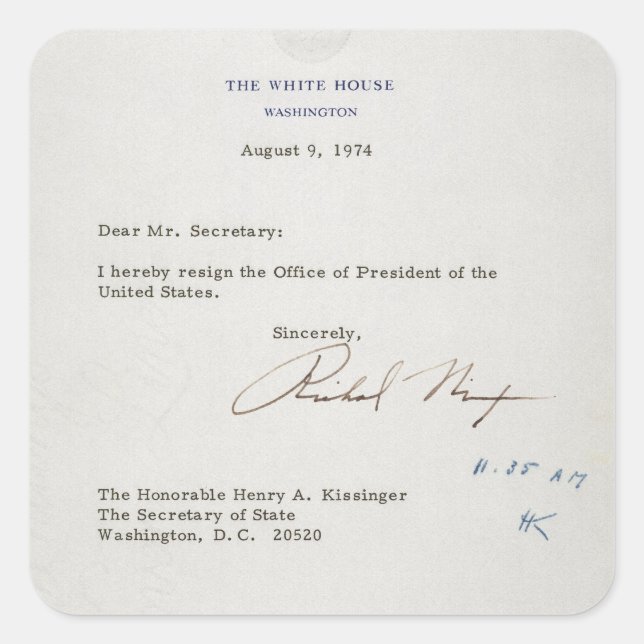 Adesivo Quadrado Carta de Renúncia de Richard M. Nixon 1974 (Frente)