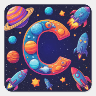 Adesivo Quadrado 🚀 Carta Espacial C Foguetes Planetas Estrelas Cri