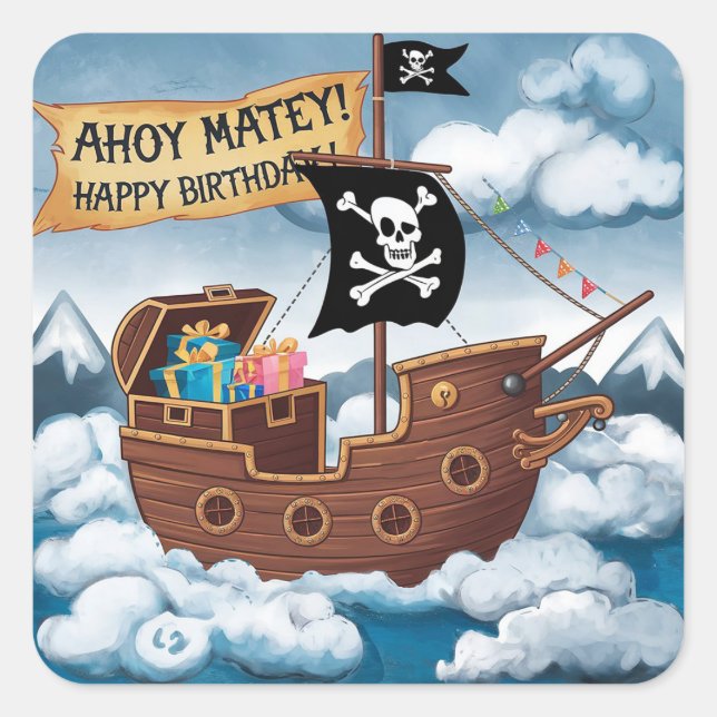 Adesivo Quadrado Cartão de Aniversário de Navio Pirata - Ahoy Matey (Frente)