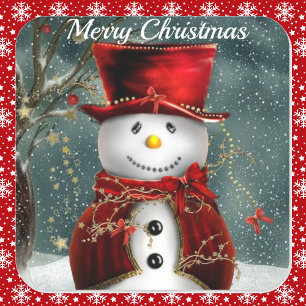 Adesivo Quadrado Cartão de Natal Snowman a sorrir no Top Hat