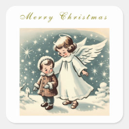 Adesivo Quadrado Cartão Plano de Natal Vintage com Anjo e Criança