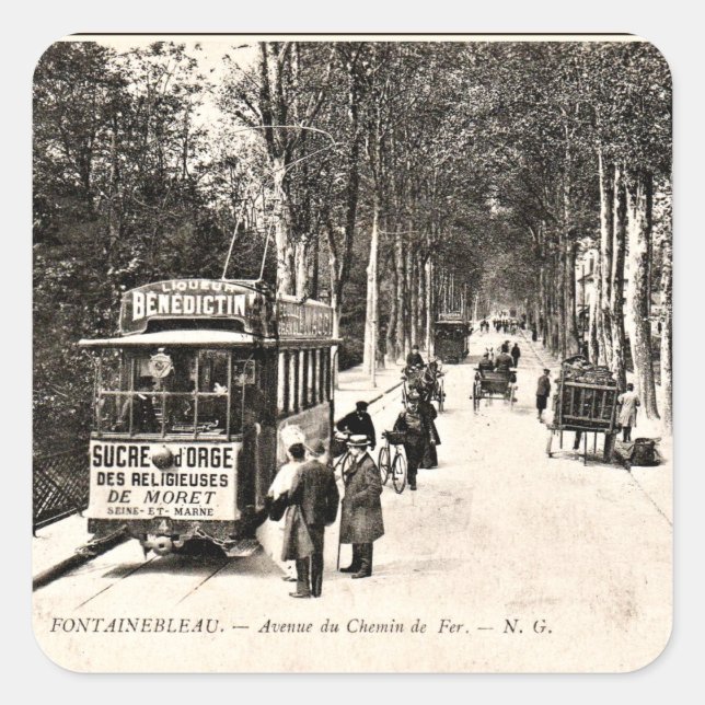 Adesivo Quadrado Cartão postal Vintage, Tram em Fontainbleau, (Frente)