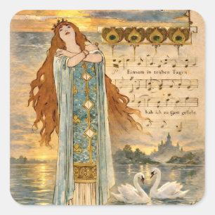 Adesivo Quadrado Cartaz Art Nouveau Elsa Lohengrin com Cisnes