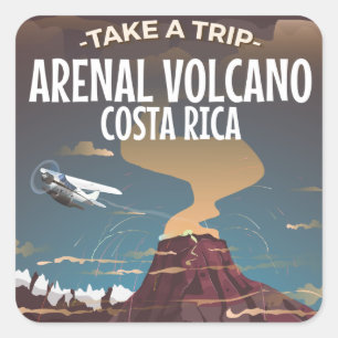 Adesivo Quadrado Cartaz de desenho animado vintage do vulcão Arenal