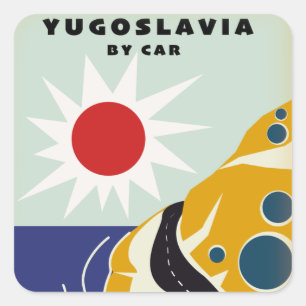 Adesivo Quadrado Cartaz de viagem antigo da Iugoslávia de carro