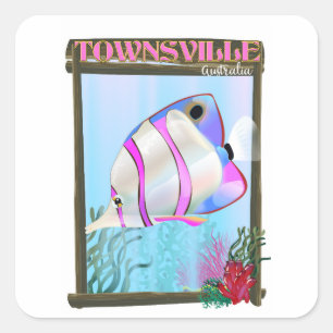 Adesivo Quadrado Cartaz de viagem de peixes tropicais de Townsville