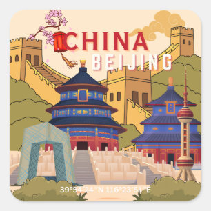 Adesivo Quadrado Cartaz de Viagem de Pequim China   Arte de Parede 