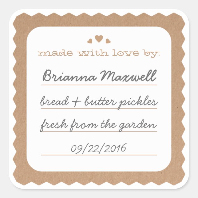 Adesivo Quadrado Cartaz do Kraft Paper Hearts Comida Gift Label Squ (Frente)
