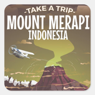 Adesivo Quadrado Cartaz vintage de desenho animado do Monte Merapi