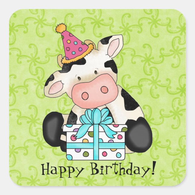 Adesivo Quadrado Cartoon Birthday Cow Party Sticker (Frente)