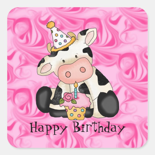 Adesivo Quadrado Cartoon Birthday Cow Party Sticker (Frente)