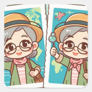 Adesivo Quadrado Cartoon bonito, mulher mais velha viajando autocol