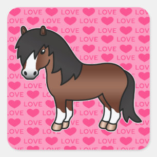 Adesivo Quadrado Cartoon Brown Shetland Pony Love Hearts