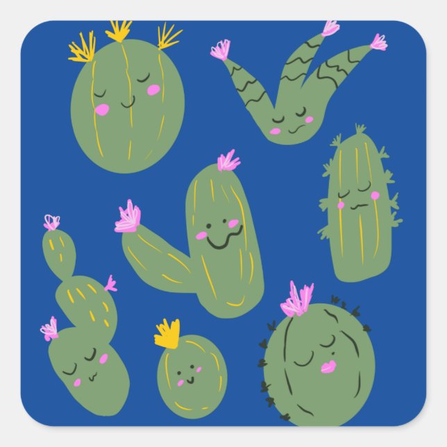 Adesivo Quadrado Cartoon Cactus Doodon Azul (Frente)