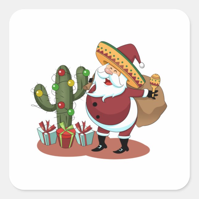 Adesivo Quadrado Cartoon cactus e Papai Noel vestindo um sombrero (Frente)
